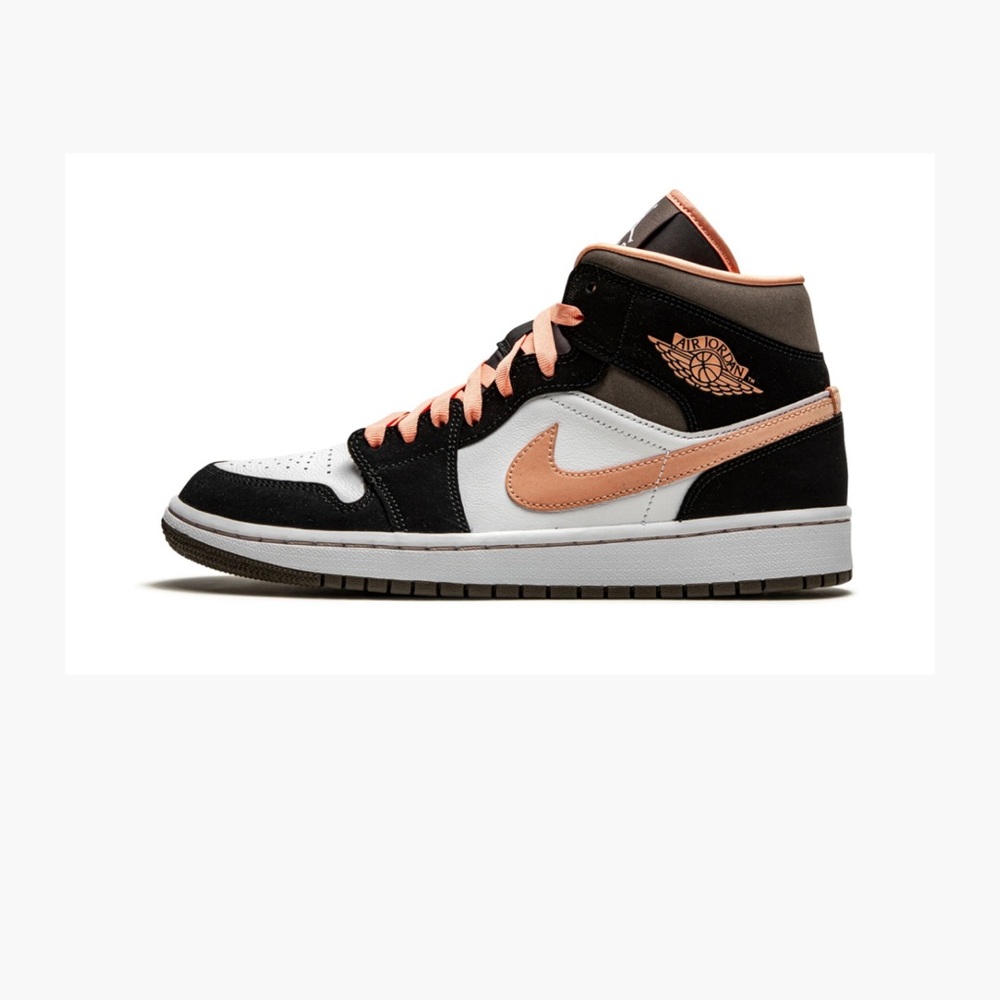 NWT Women’s Air Jordan 1 Mid SE Sneaker, size 8, white/apricot/agate-black.
